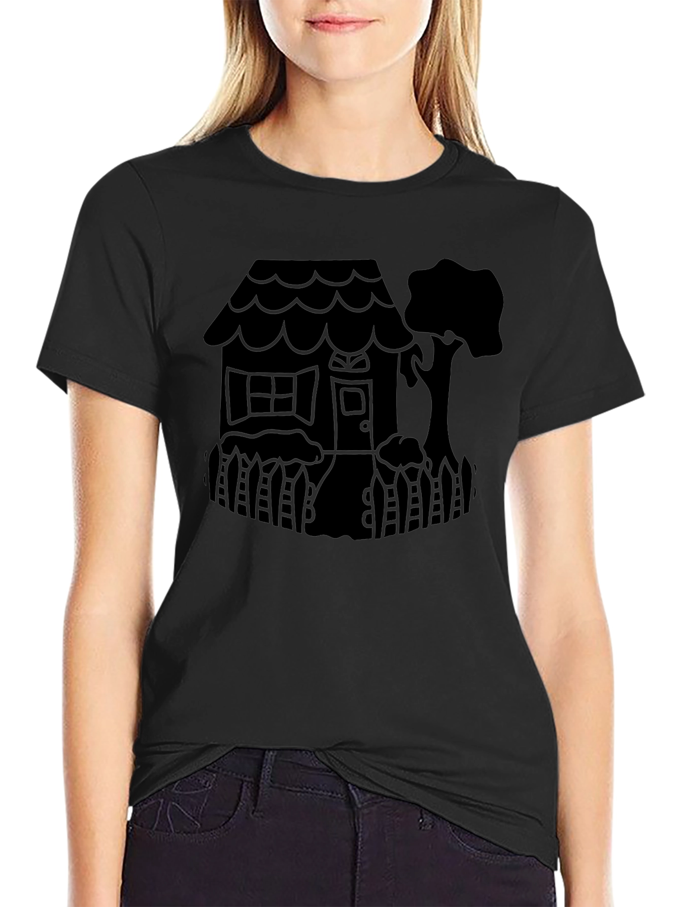 Quirky House Tree Graphic Black T-Shirt