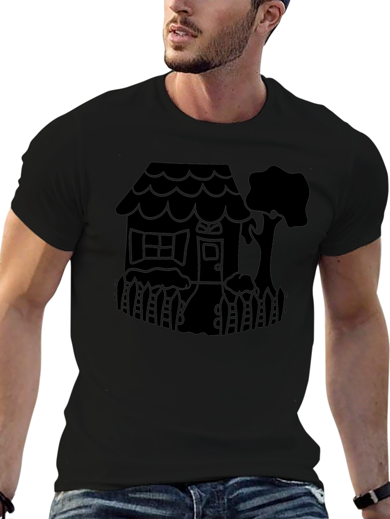 Quirky House Tree Graphic Black T-Shirt