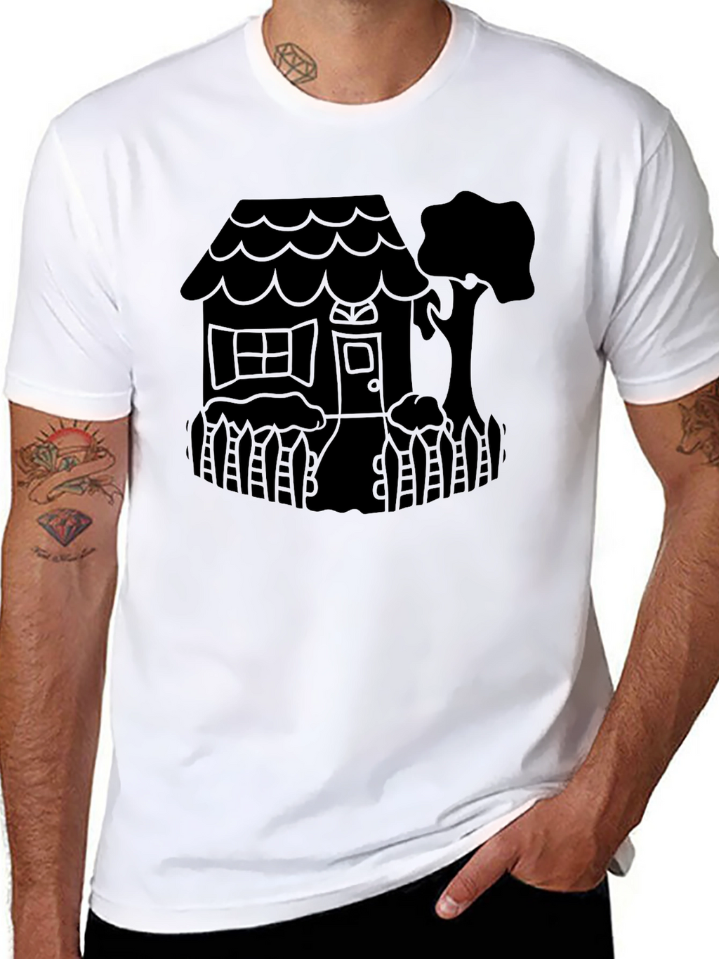 Quirky House Tree Graphic Black T-Shirt