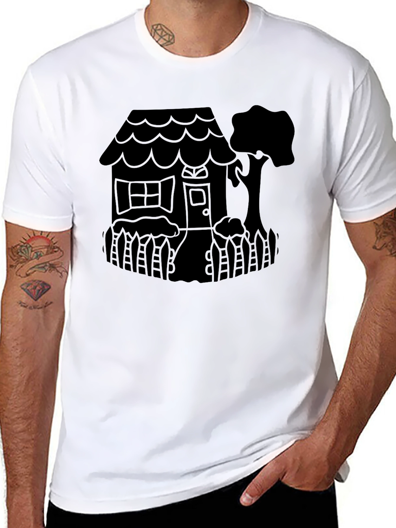 Quirky House Tree Graphic Black T-Shirt