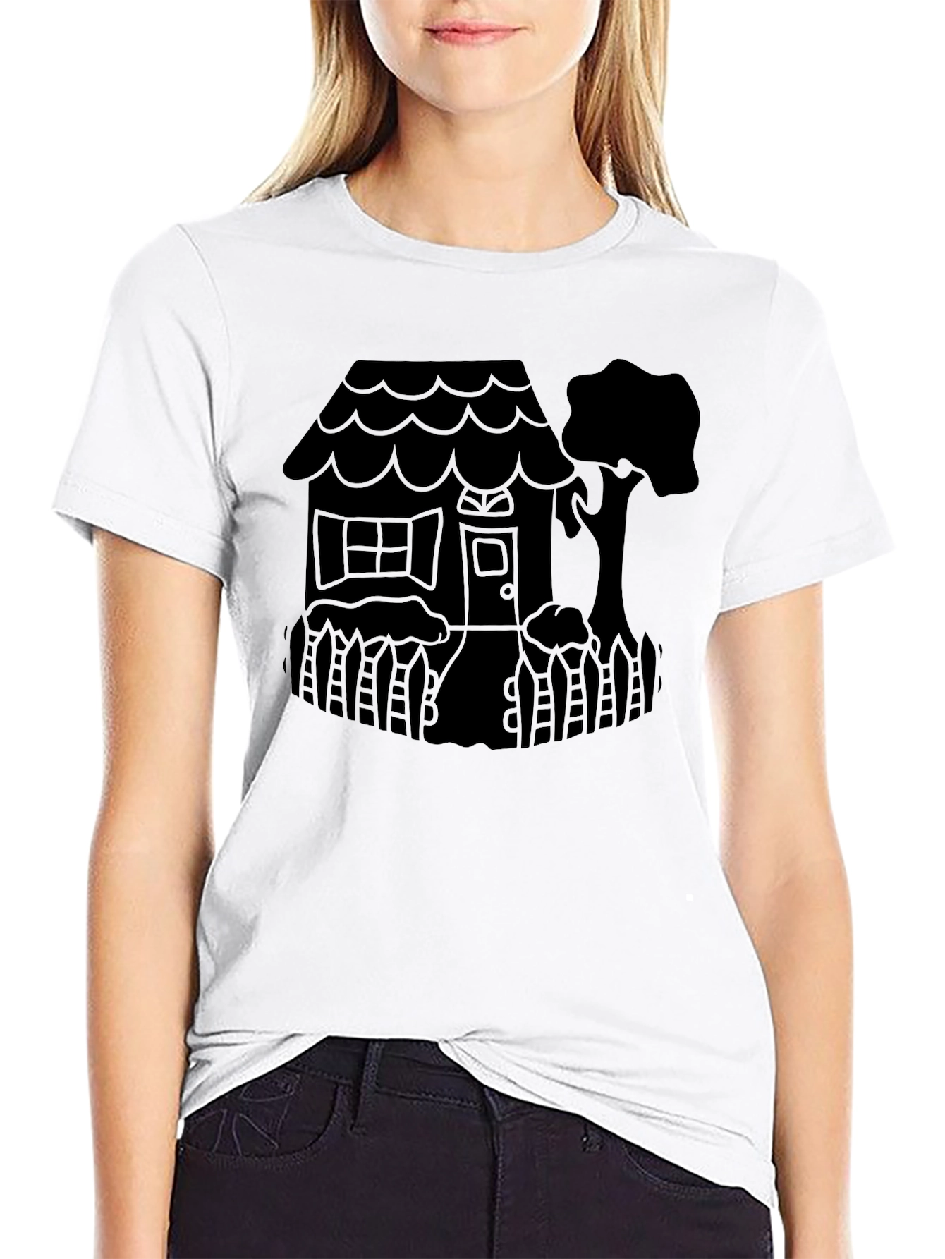 Quirky House Tree Graphic Black T-Shirt
