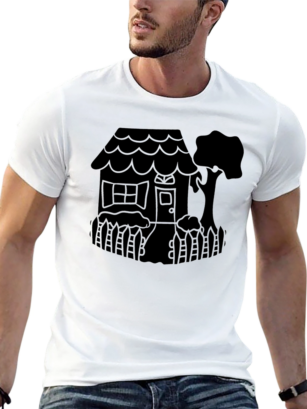 Quirky House Tree Graphic Black T-Shirt