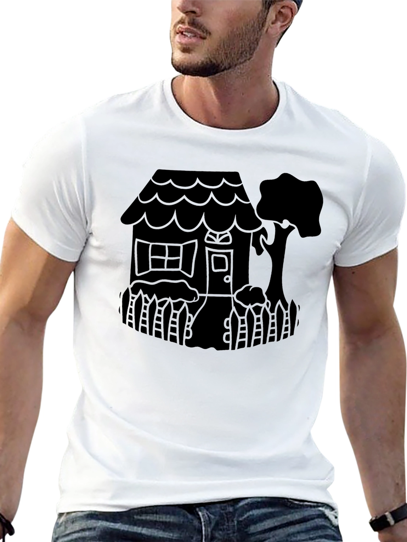 Quirky House Tree Graphic Black T-Shirt