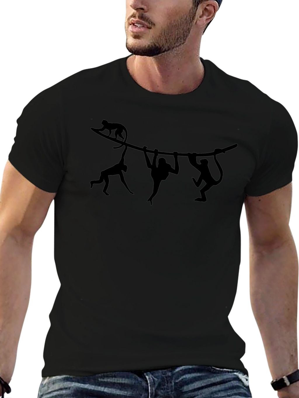 Monkey Silhouette Graphic Print Black T-Shirt