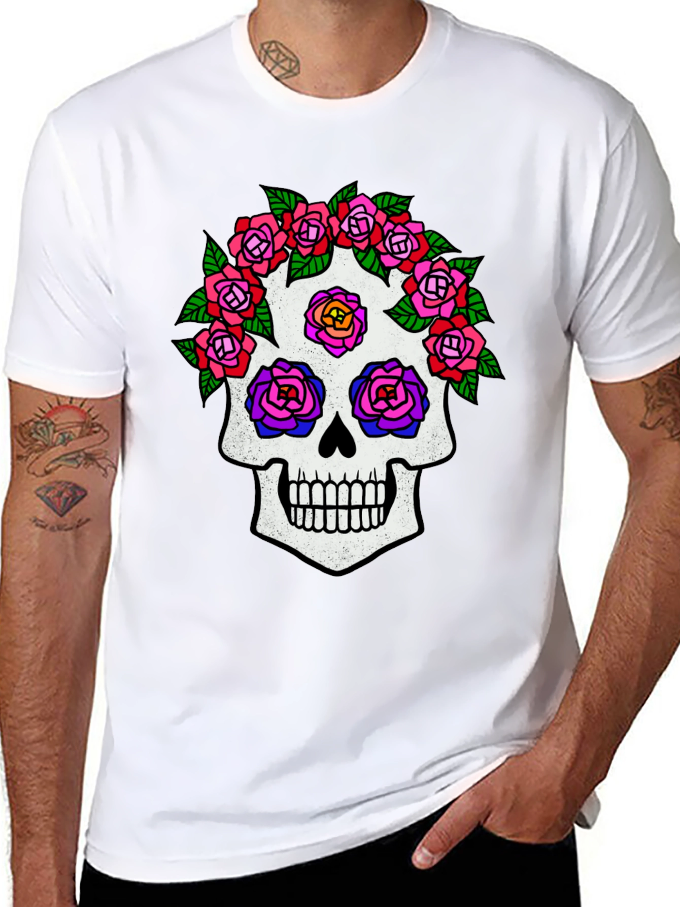 Sugar Skull Rose Graphic Tee - Black