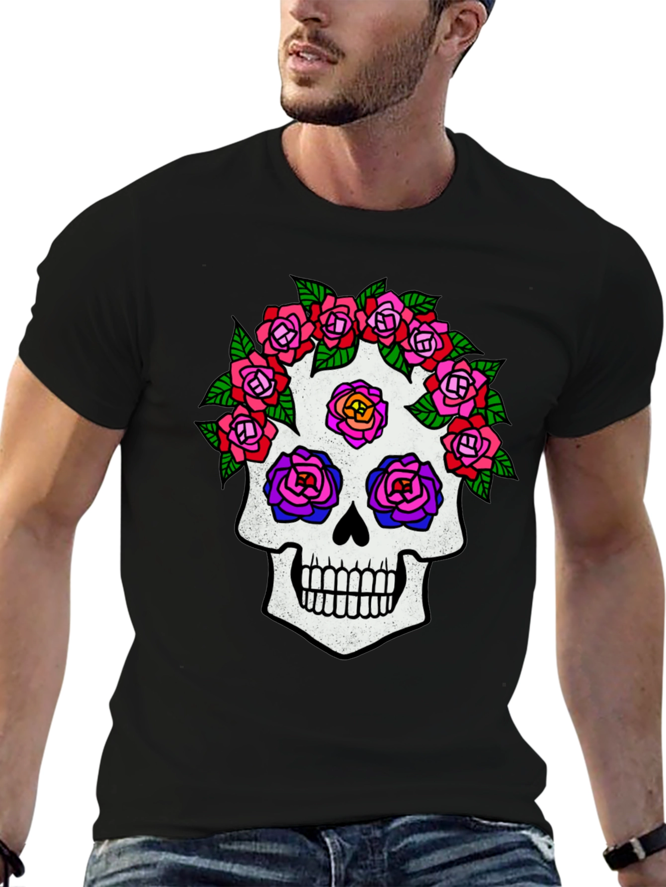 Sugar Skull Rose Graphic Tee - Black