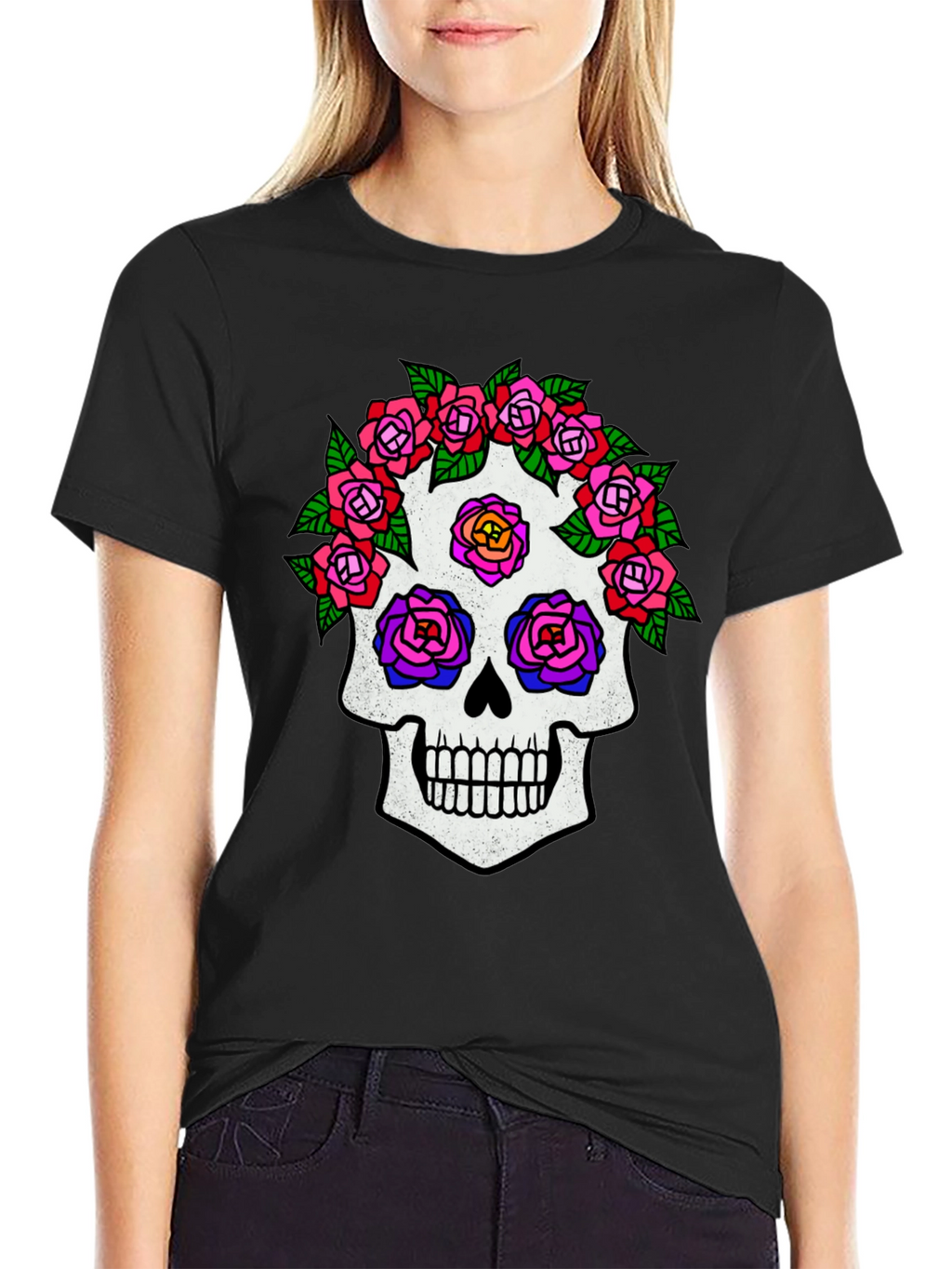 Sugar Skull Rose Graphic Tee - Black