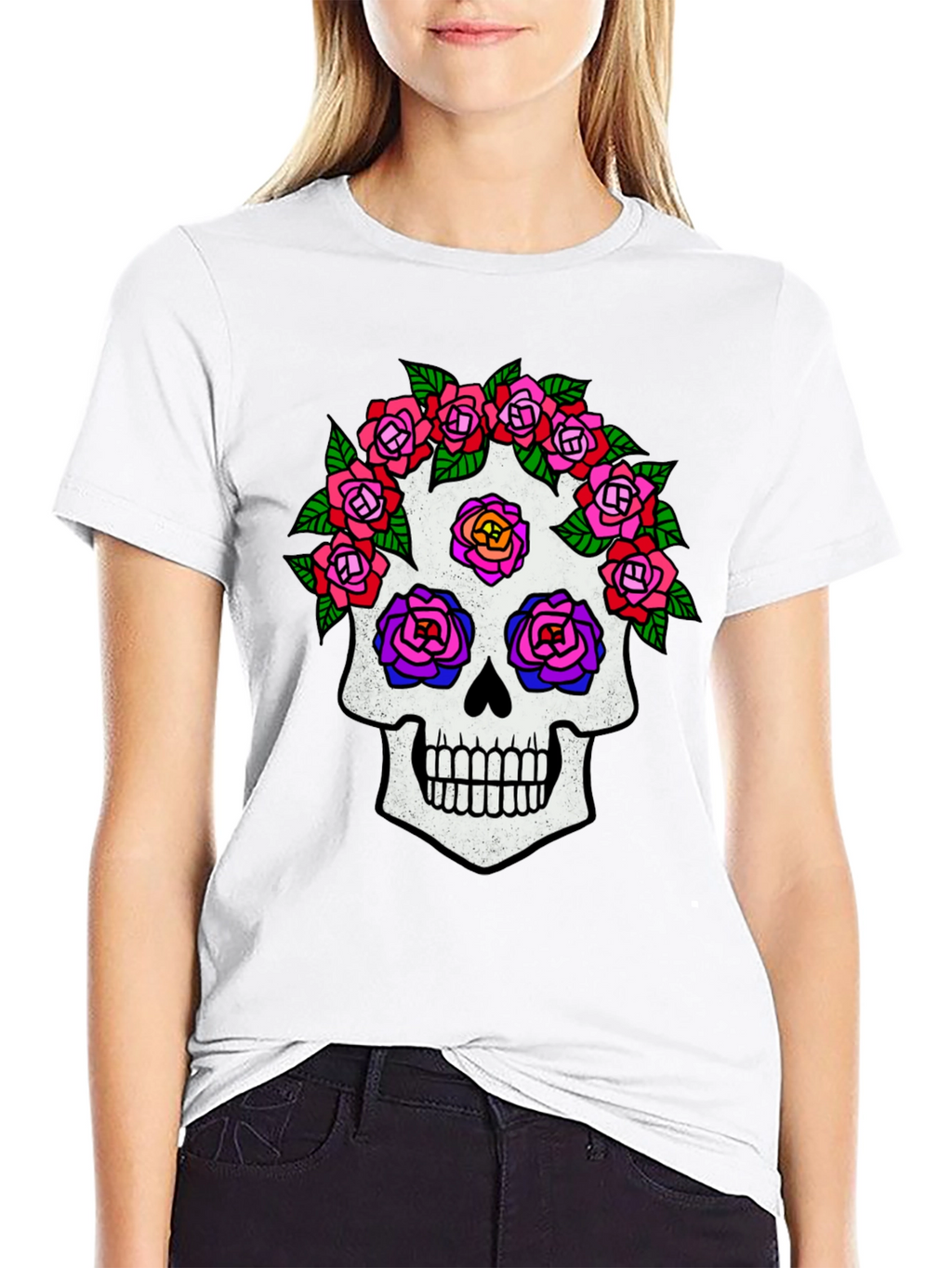 Sugar Skull Rose Graphic Tee - Black