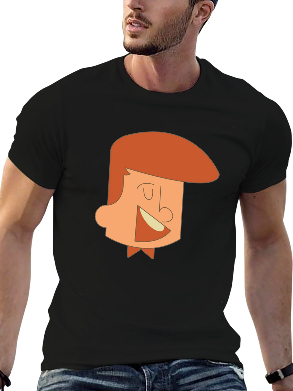 Cartoon Man Graphic Tee - Black Cotton T-Shirt