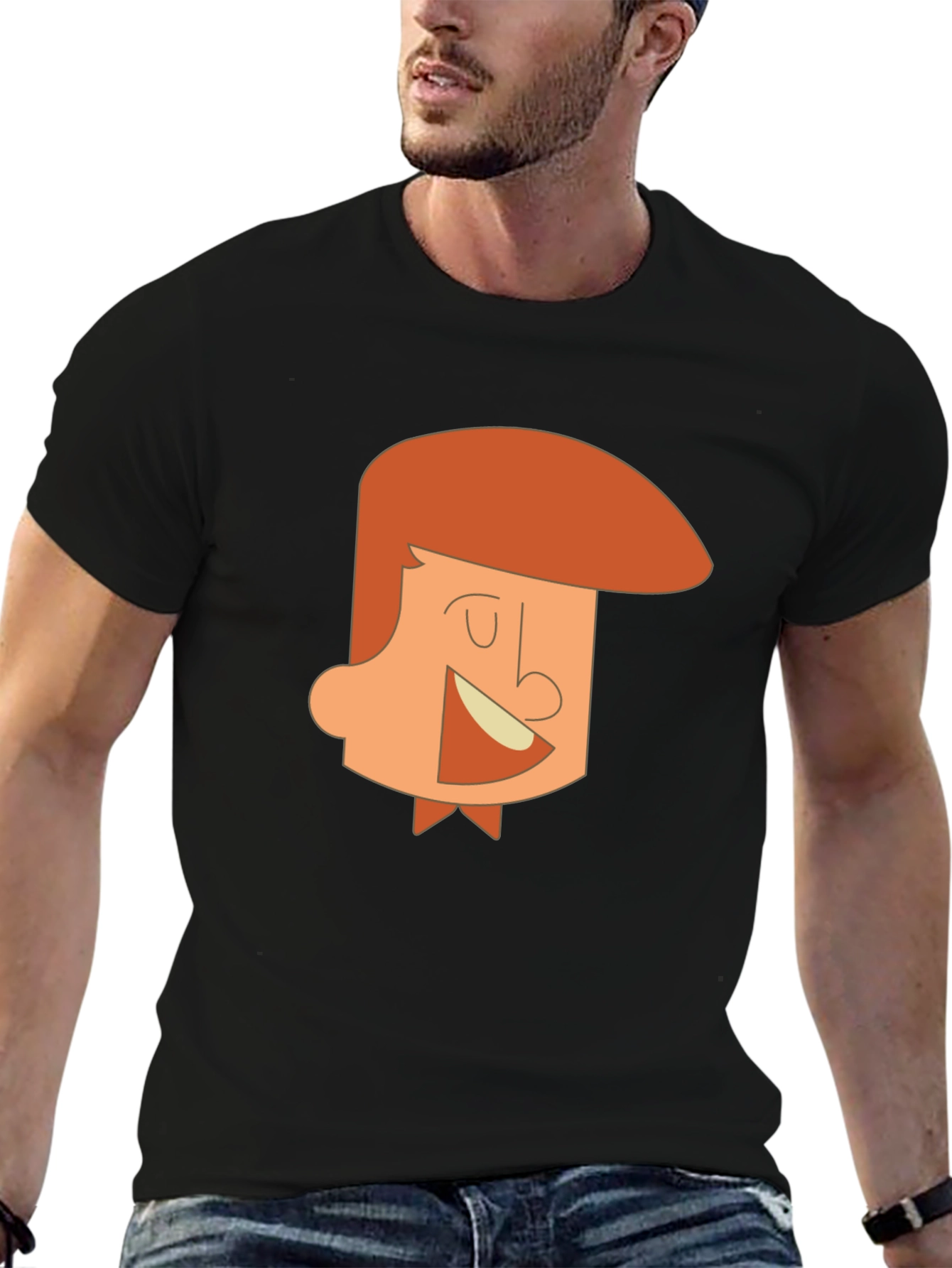 Cartoon Man Graphic Tee - Black Cotton T-Shirt