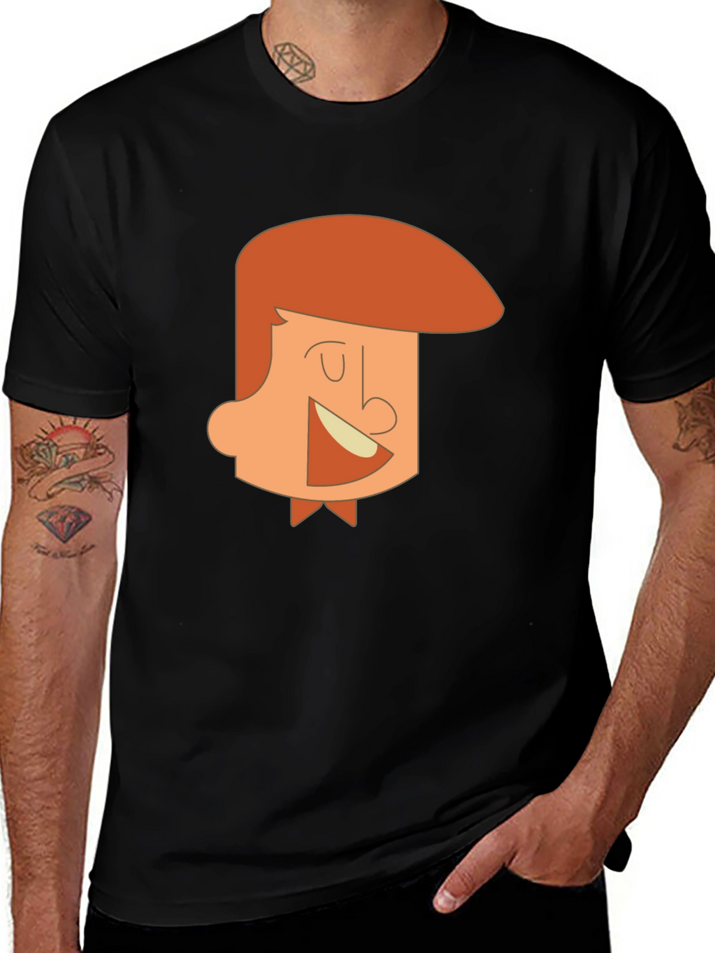 Cartoon Man Graphic Tee - Black Cotton T-Shirt