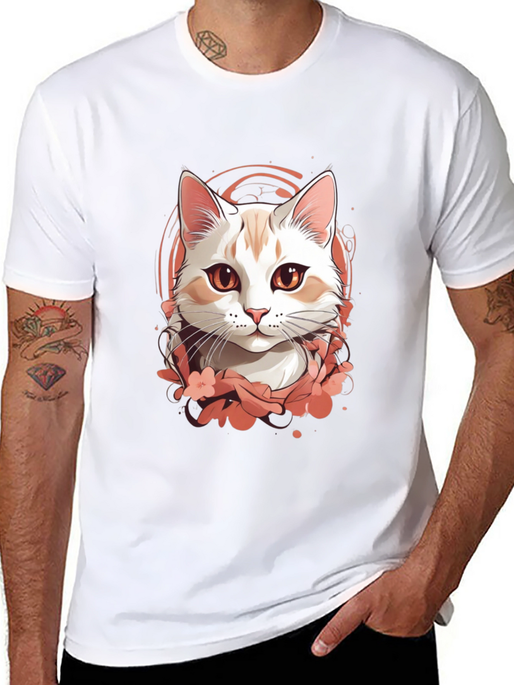 Mens Black T-Shirt with Cat Graphic