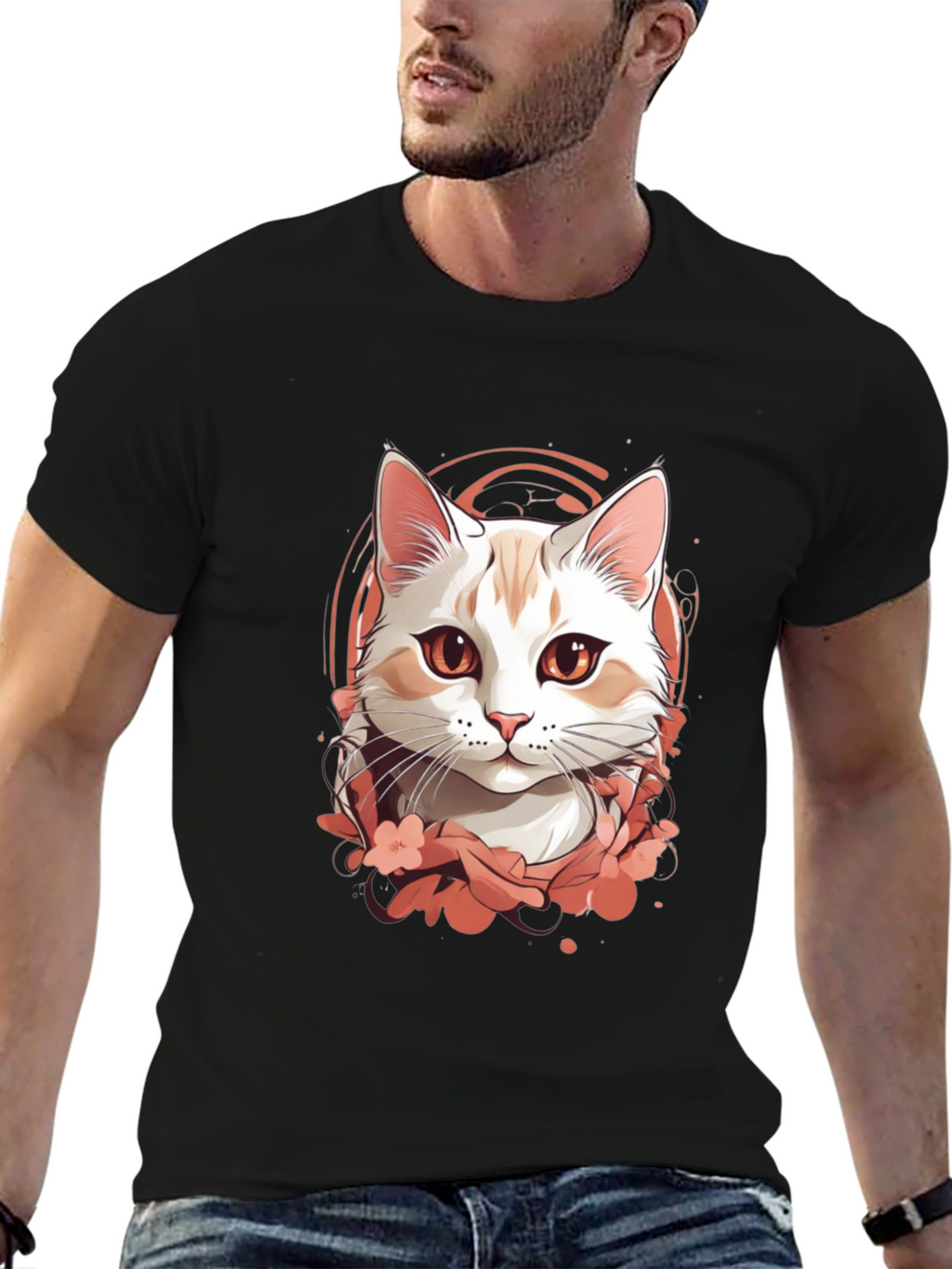 Mens Black T-Shirt with Cat Graphic