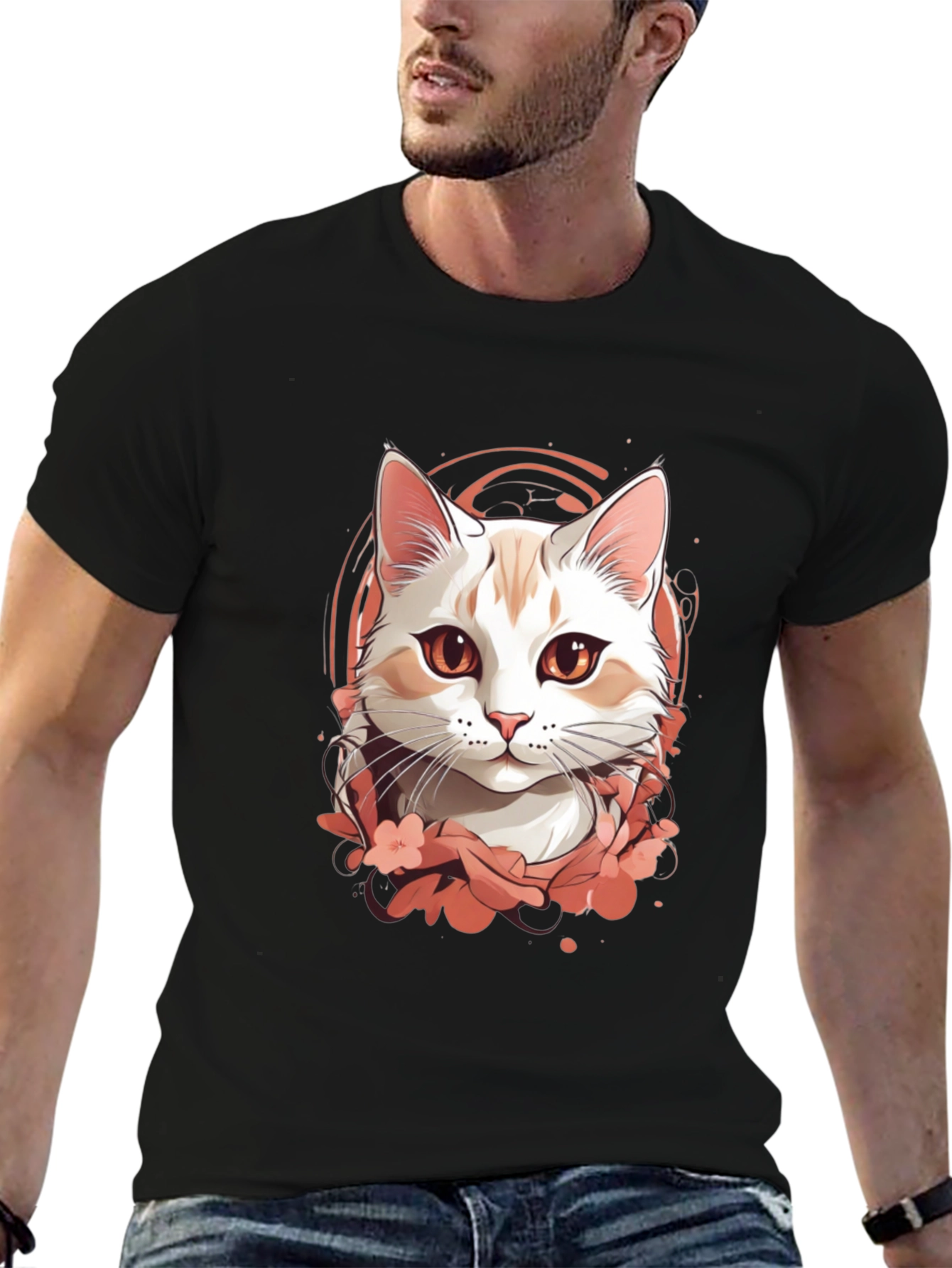 Mens Black T-Shirt with Cat Graphic