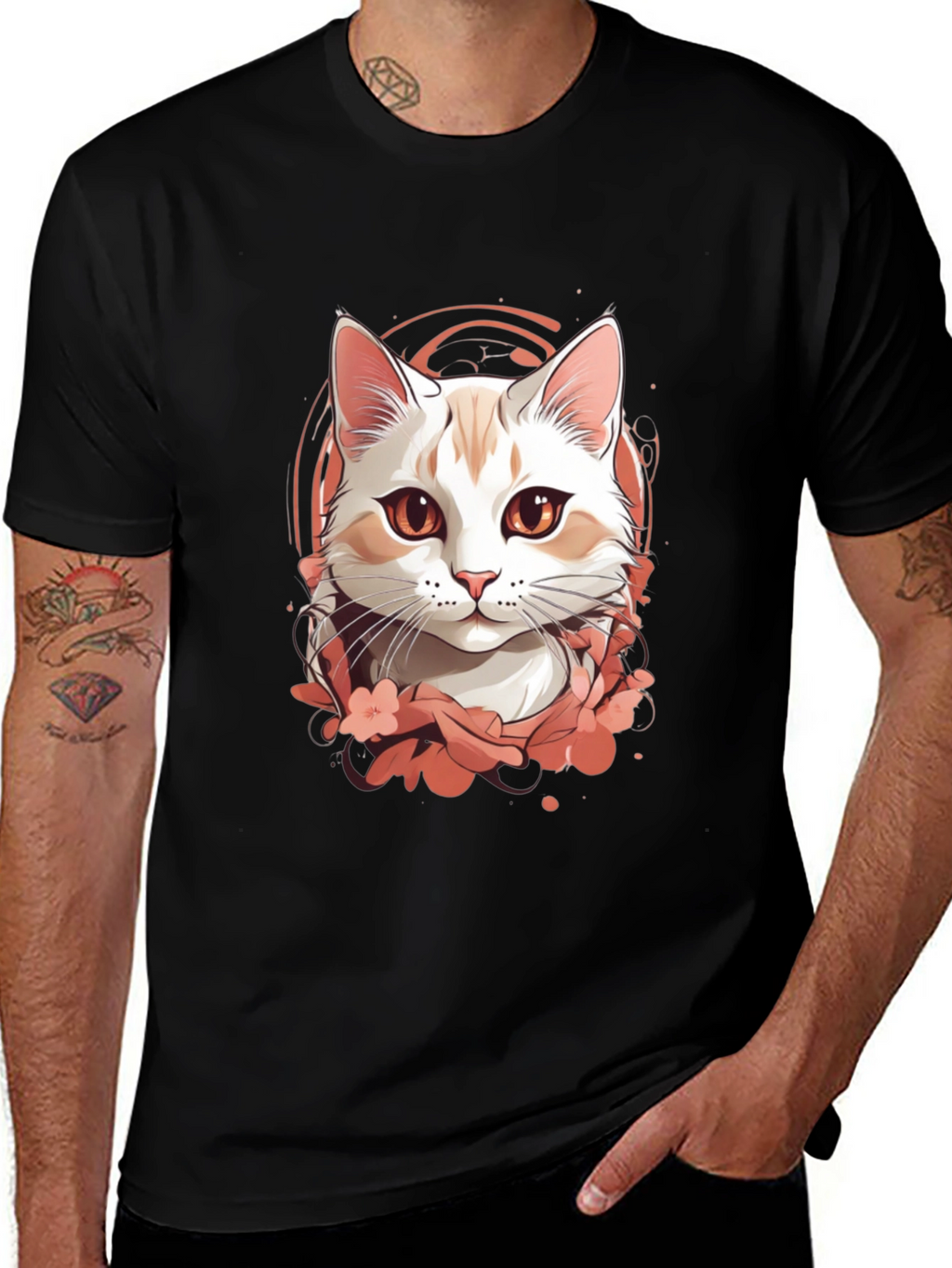 Mens Black T-Shirt with Cat Graphic