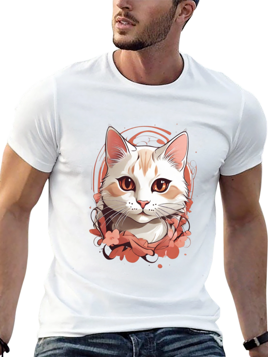 Mens Black T-Shirt with Cat Graphic