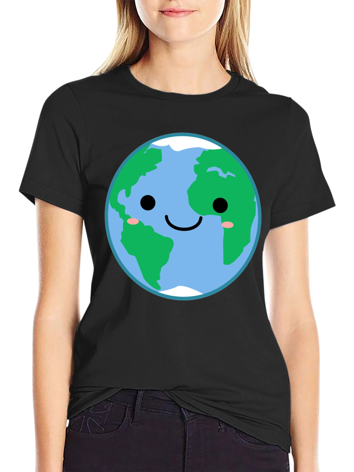 Cute Earth Graphic Tee - Black Crewneck Shirt