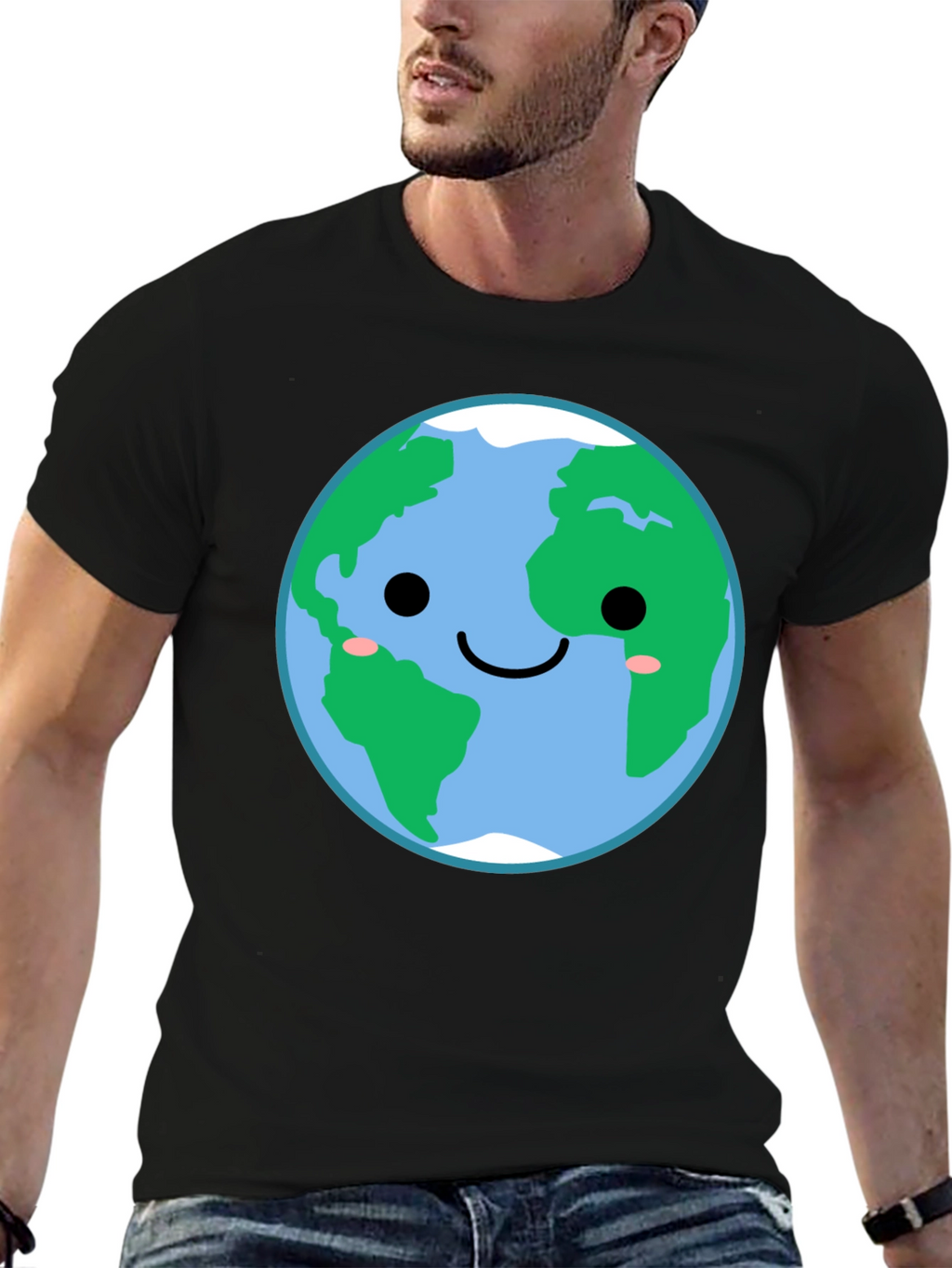 Cute Earth Graphic Tee - Black Crewneck Shirt