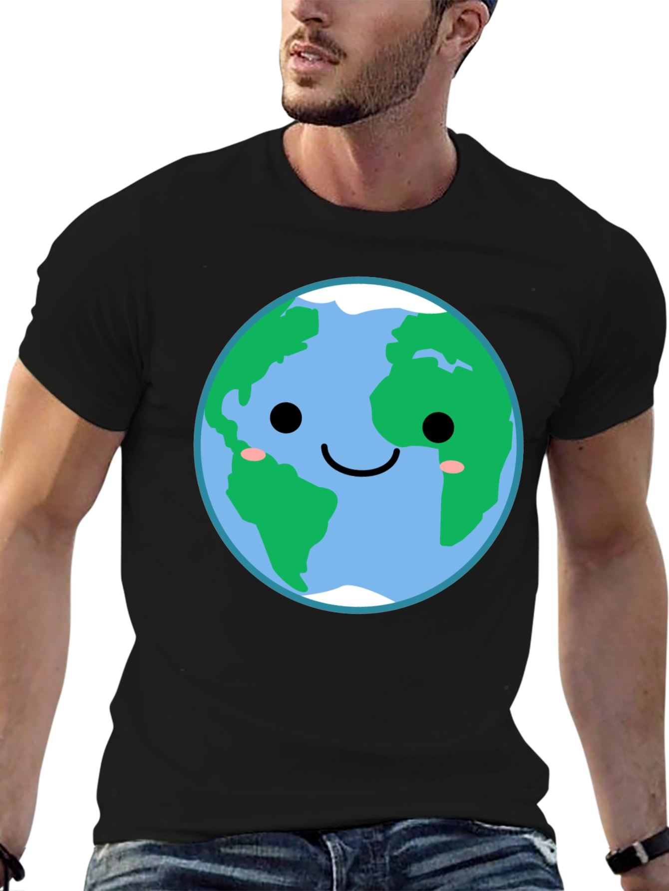 Cute Earth Graphic Tee - Black Crewneck Shirt