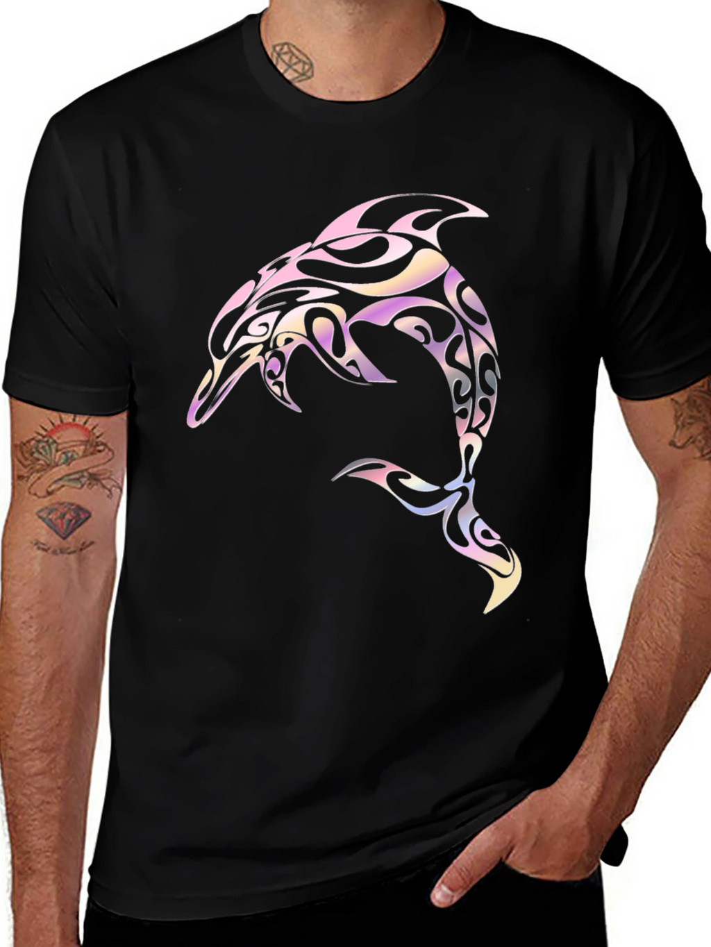 Tribal Dolphin Graphic Tee - Black Cotton Blend