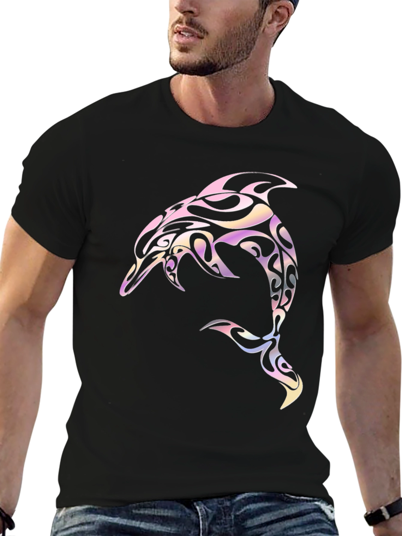 Tribal Dolphin Graphic Tee - Black Cotton Blend