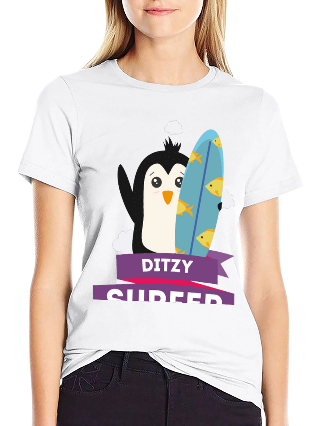 Dizty Surfer Penguin T-Shirt - Cartoon Animal Tee