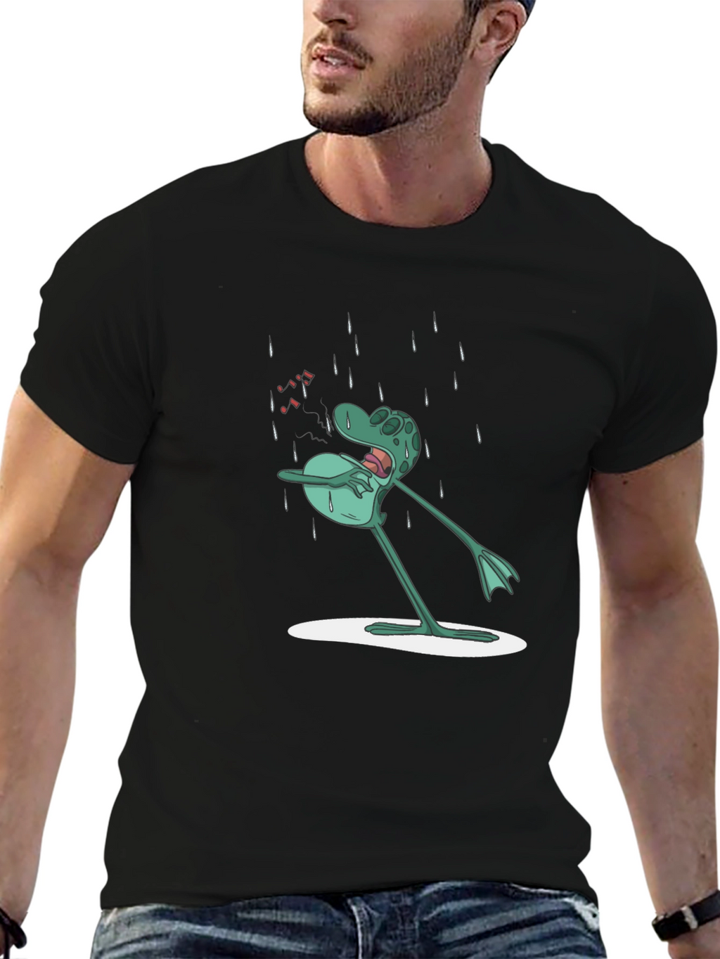 Frog in Rain Mens Graphic Tee - Black