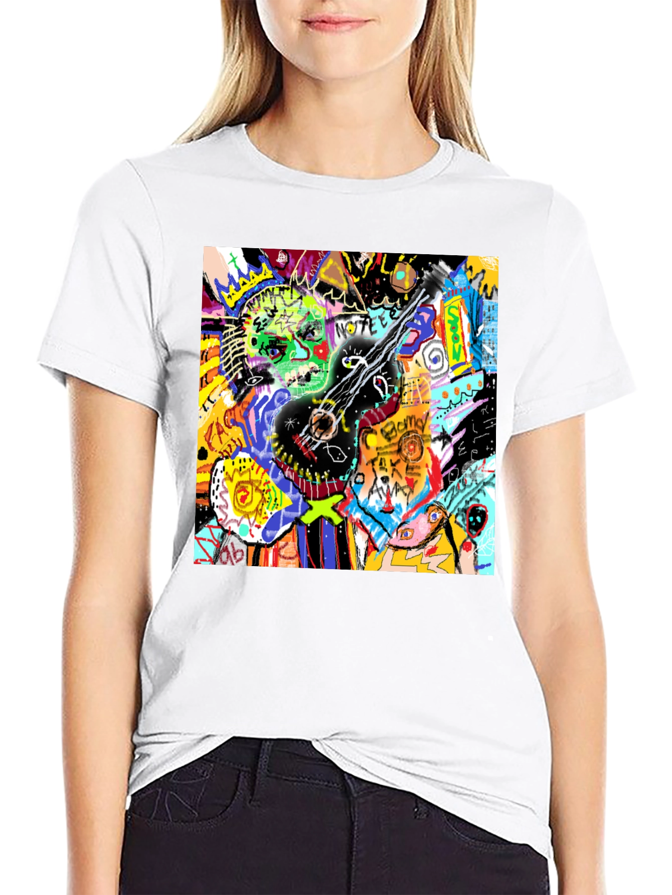 Abstract Guitar Graphic Tee - Black Crew Neck