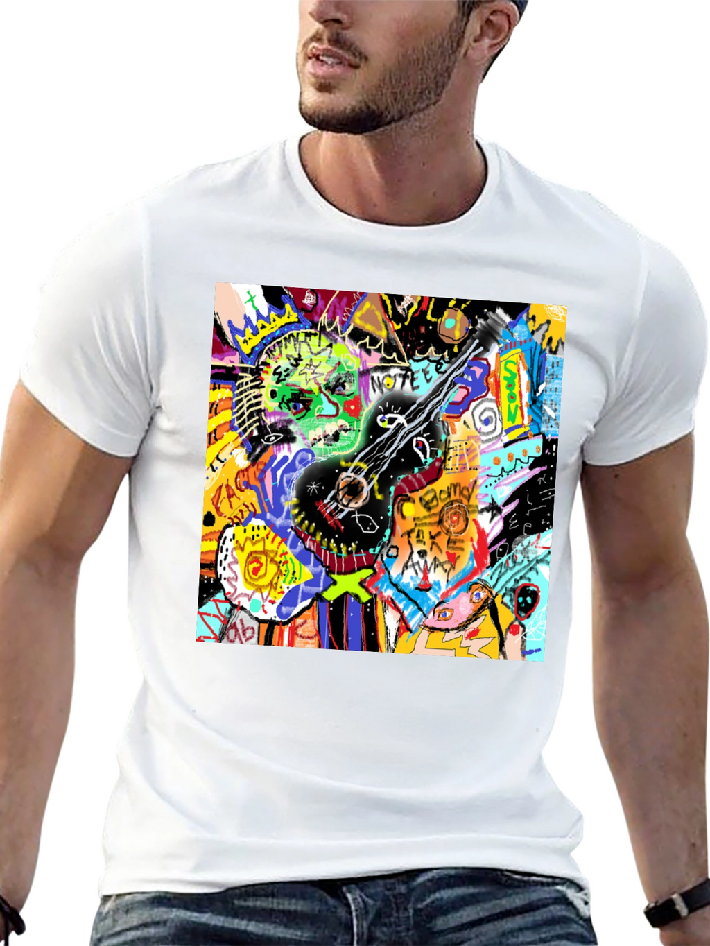 Abstract Guitar Graphic Tee - Black Crew Neck