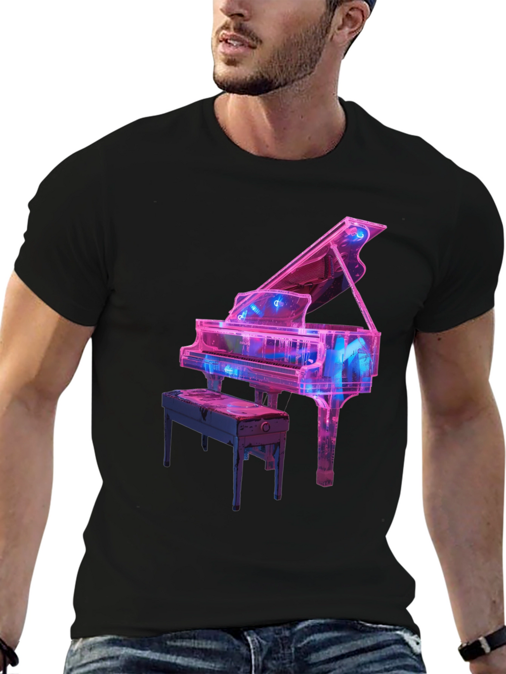 Neon Piano Graphic Tee - Music Lovers T-Shirt