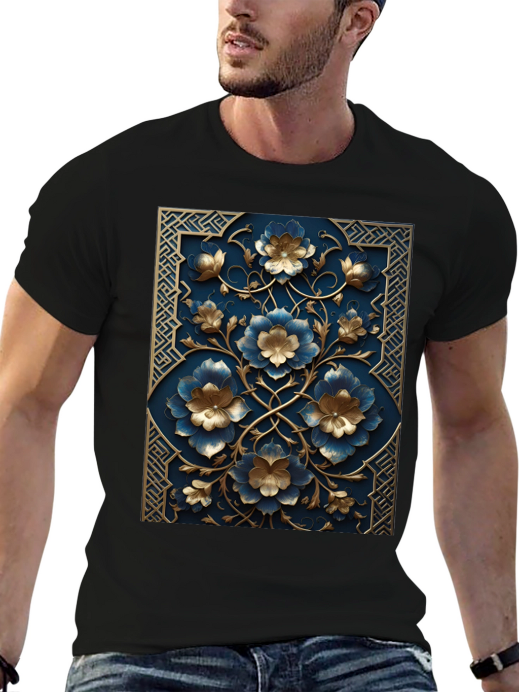 Floral Embossed Black T-Shirt