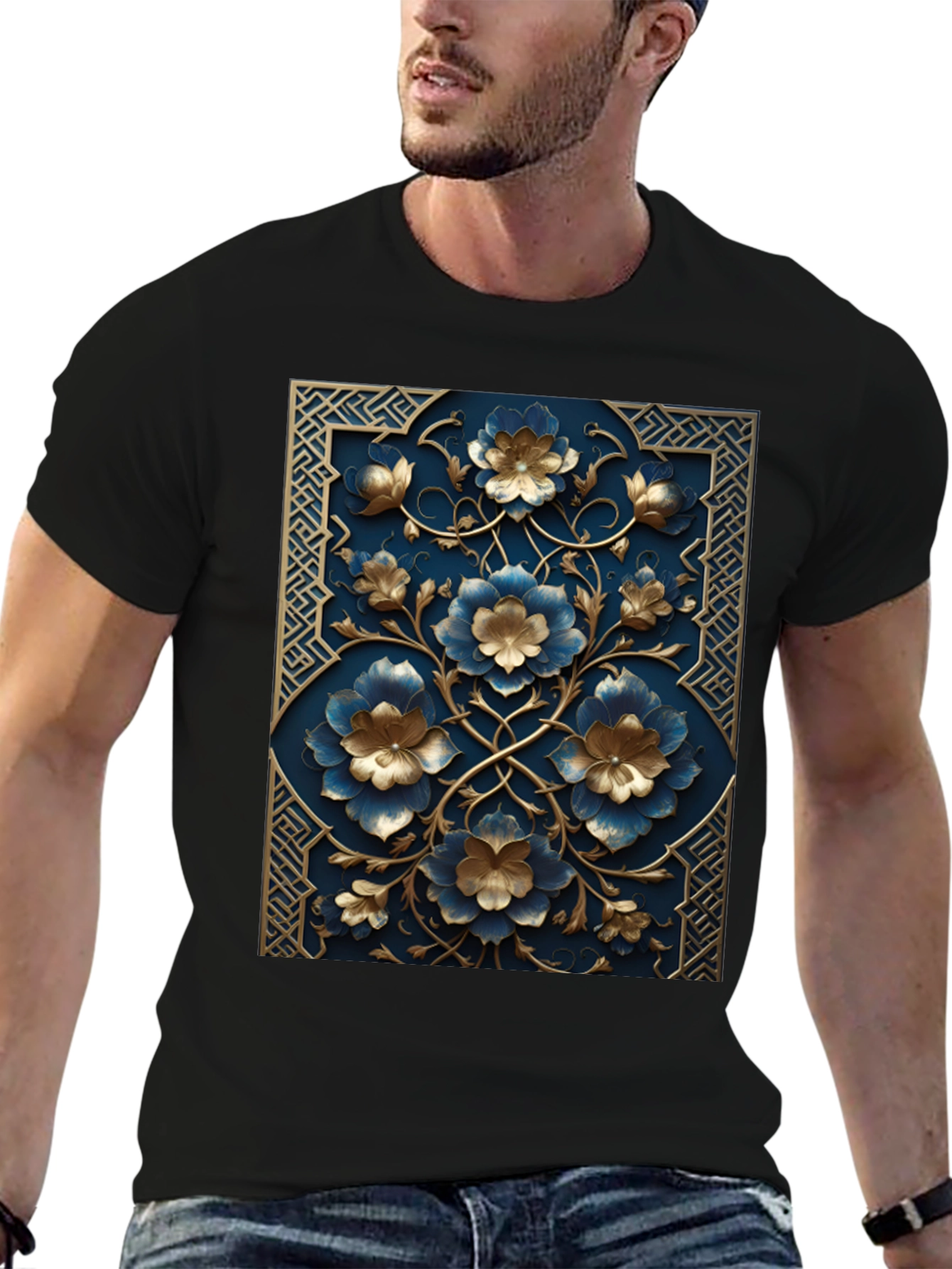 Floral Embossed Black T-Shirt