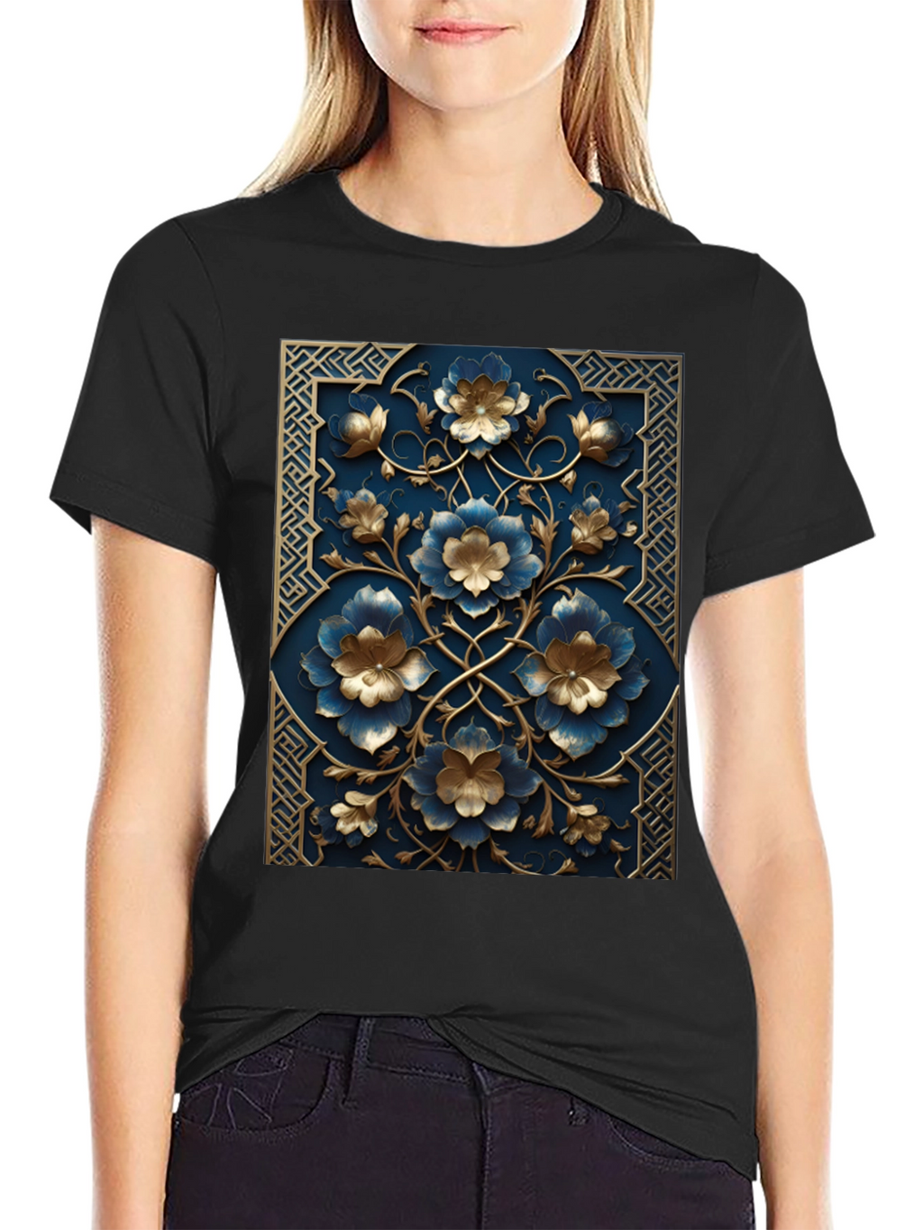 Floral Embossed Black T-Shirt