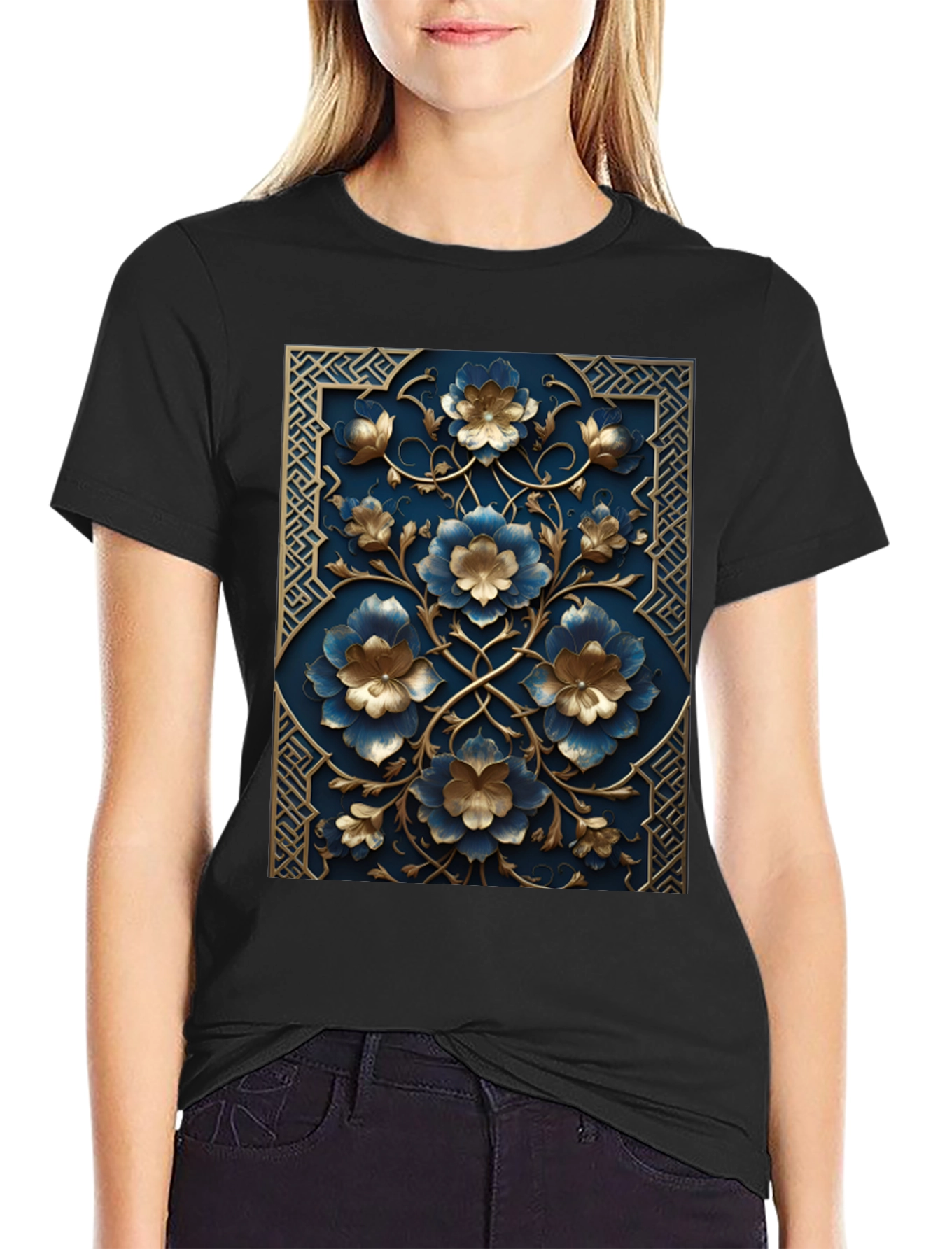 Floral Embossed Black T-Shirt