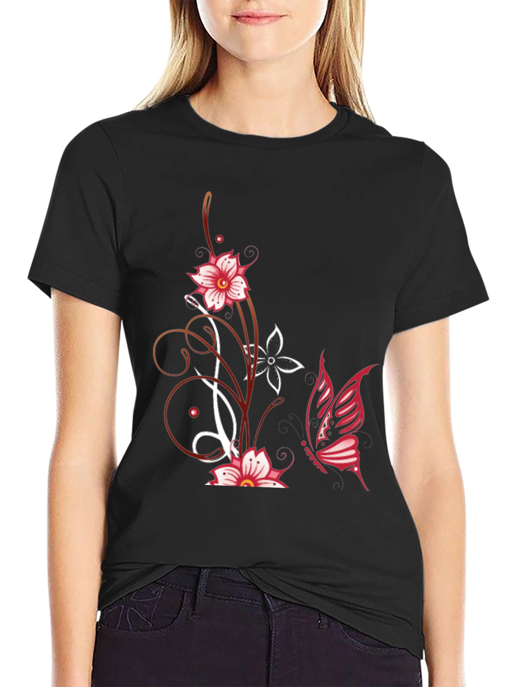Floral Butterfly Graphic Tee - Black Cotton Blend