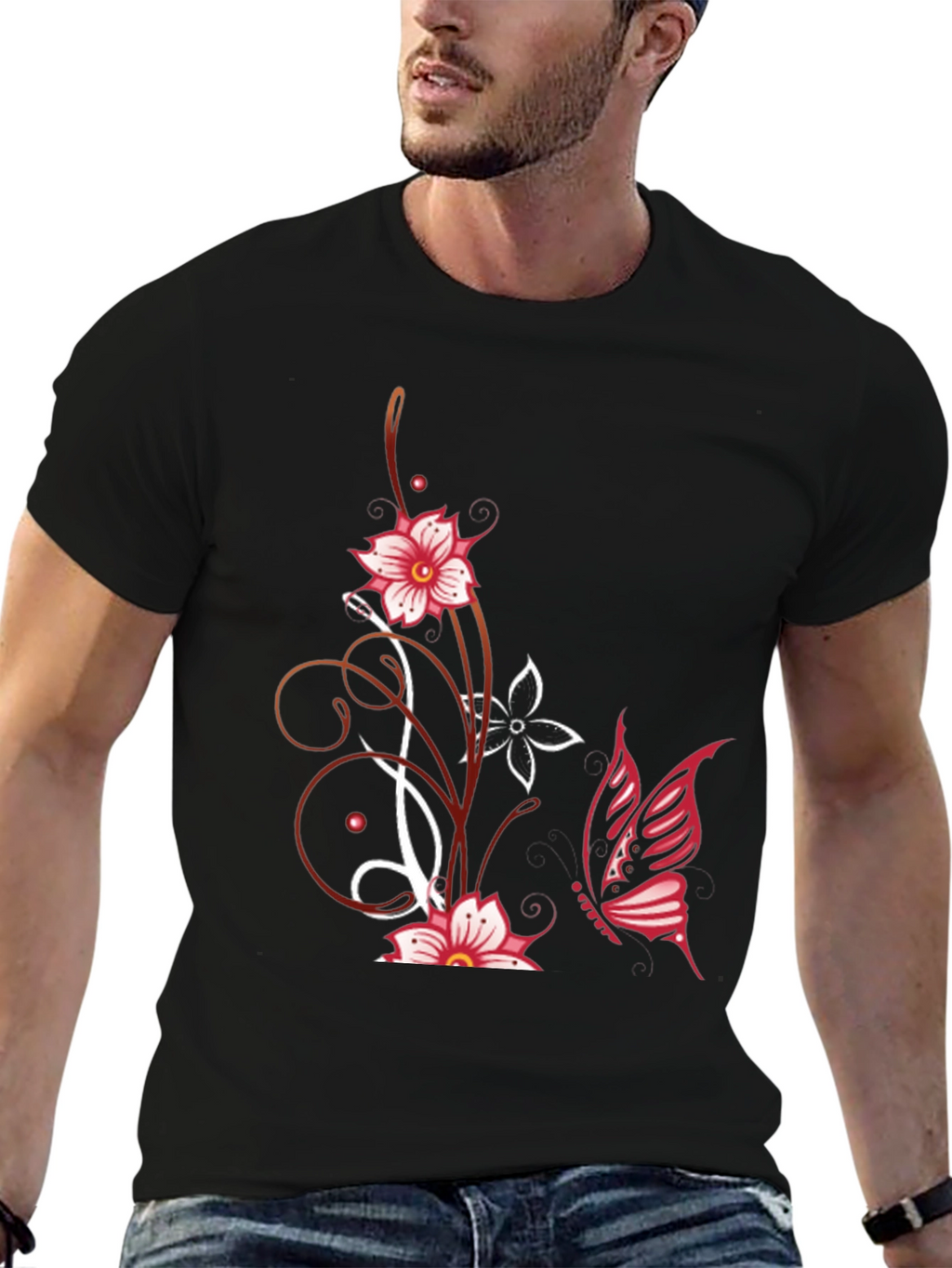Floral Butterfly Graphic Tee - Black Cotton Blend