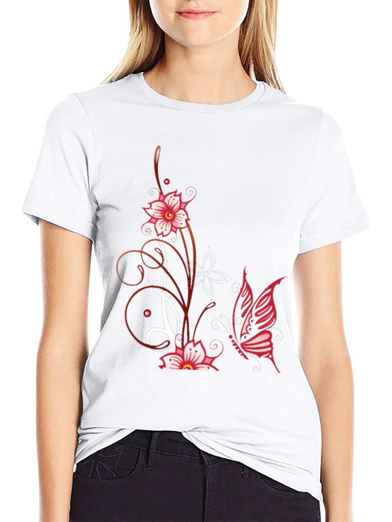 Floral Butterfly Graphic Tee - Black Cotton Blend