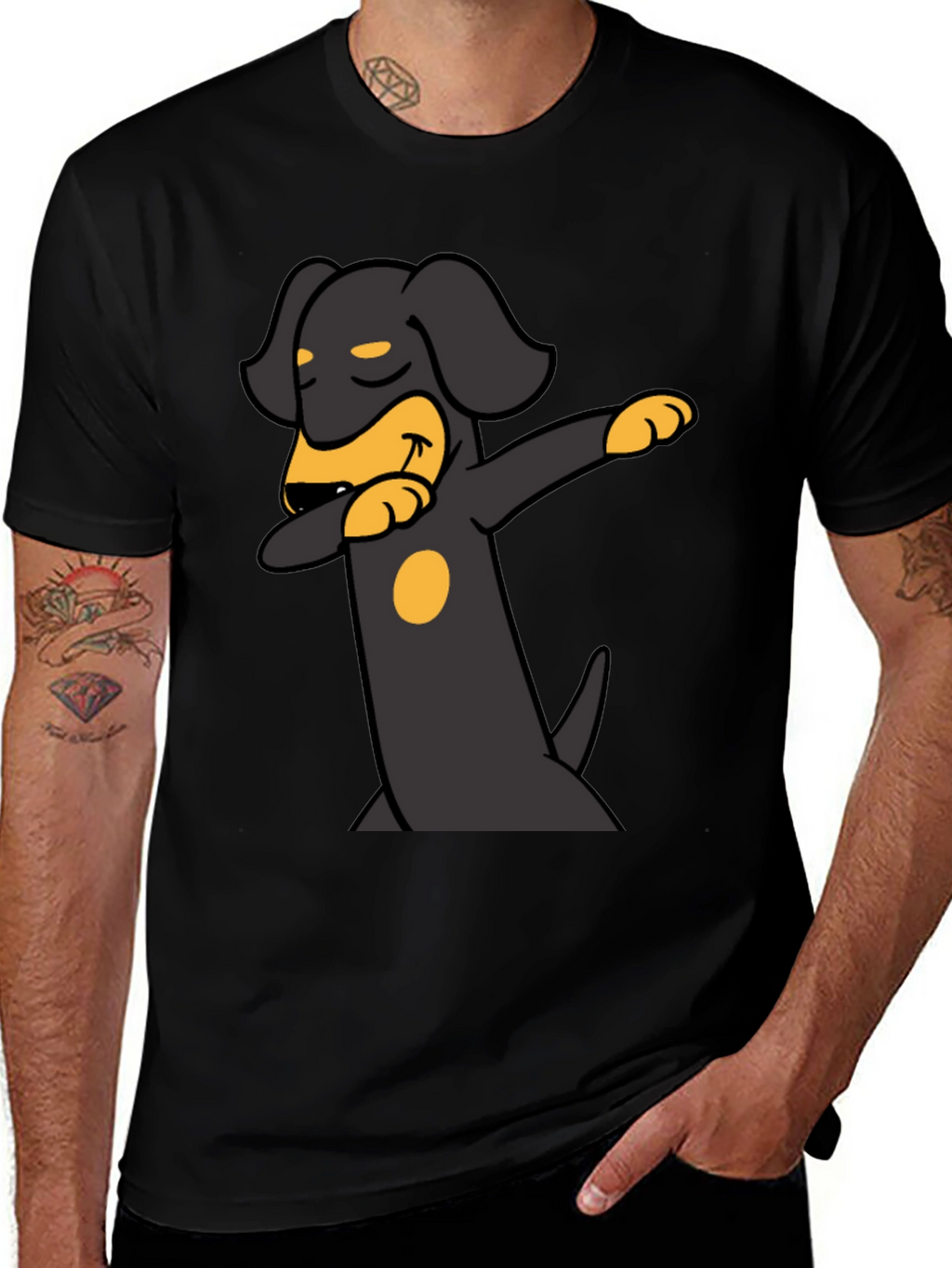 Dachshund Dabbing Graphic Tee - Black Cotton Blend