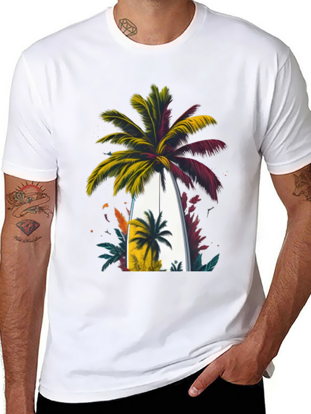 Tropical Palm Surfboard Graphic Tee