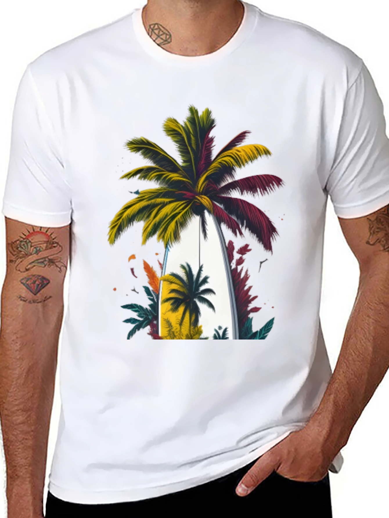 Tropical Palm Surfboard Graphic Tee