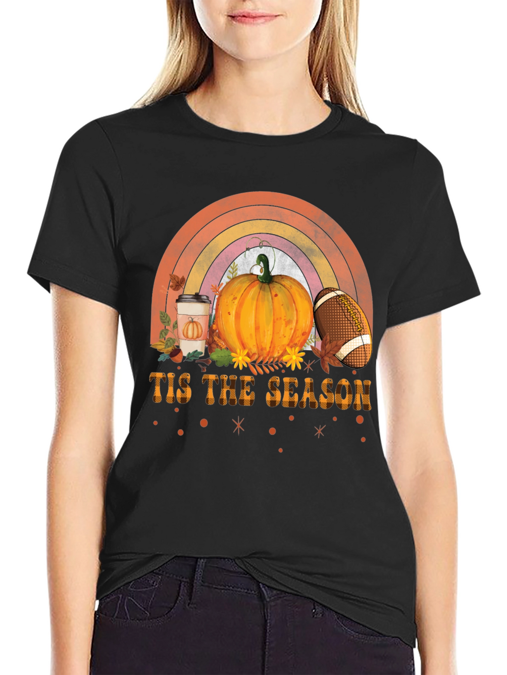 Fall Season T-Shirt with Pumpkin and Football Design