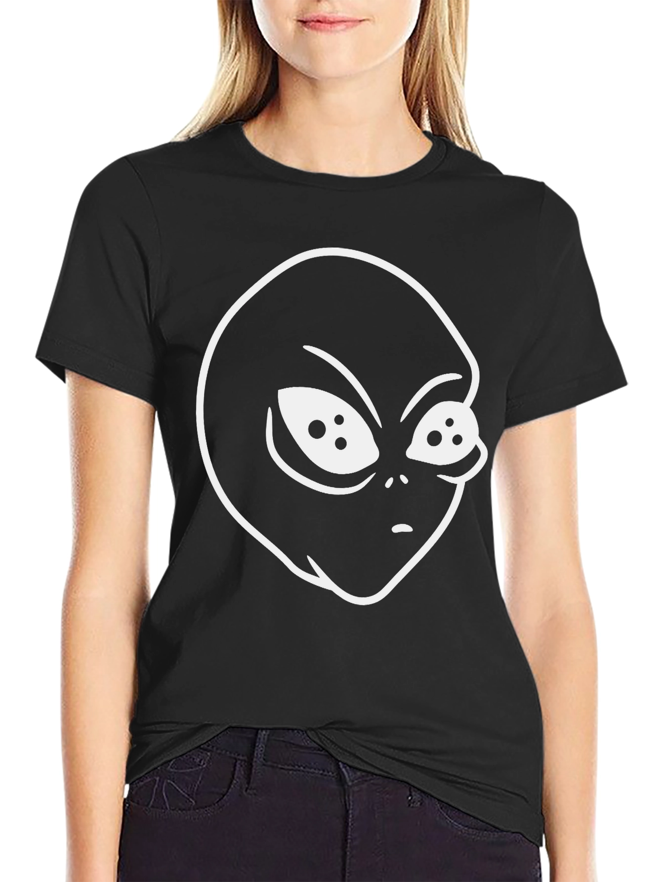 Alien Head Graphic Tee - Black Cotton T-Shirt