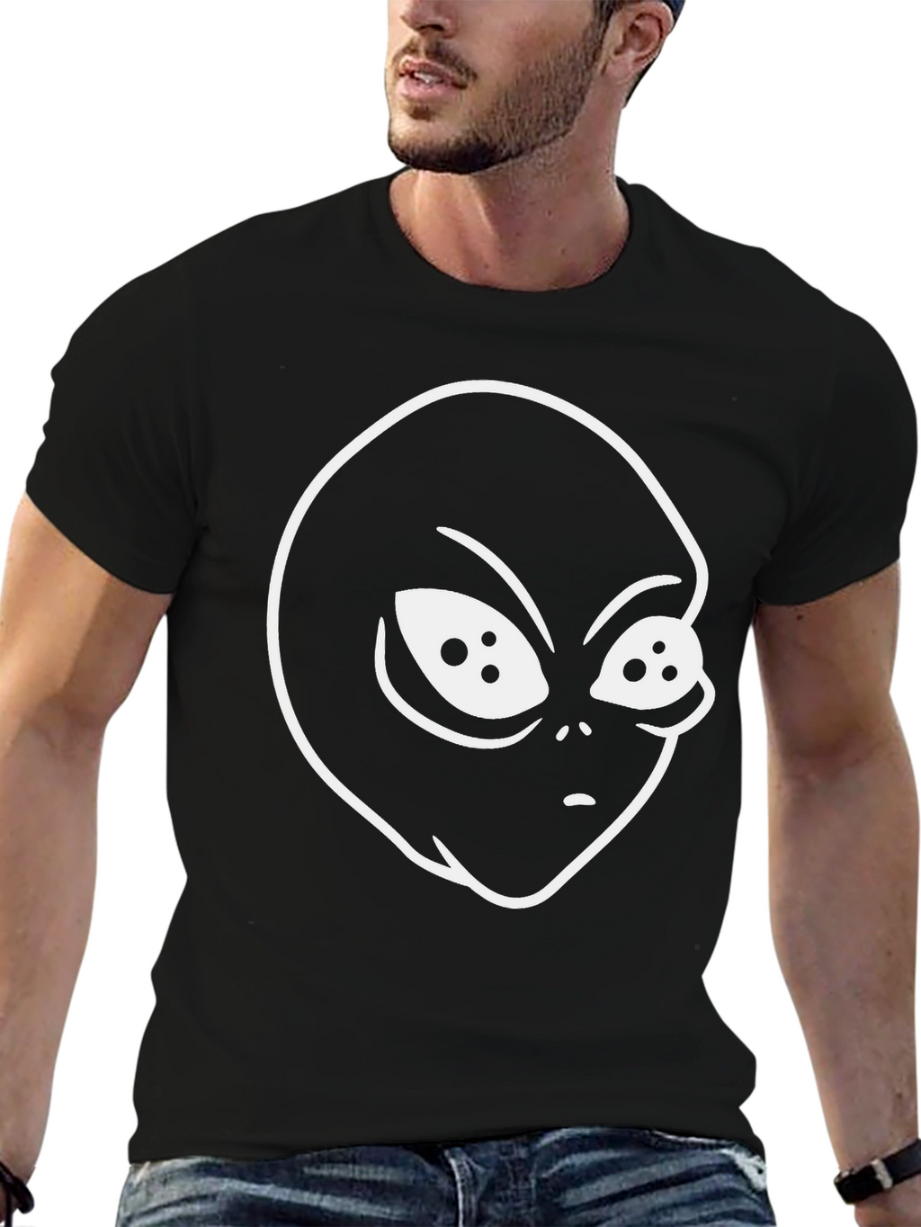 Alien Head Graphic Tee - Black Cotton T-Shirt