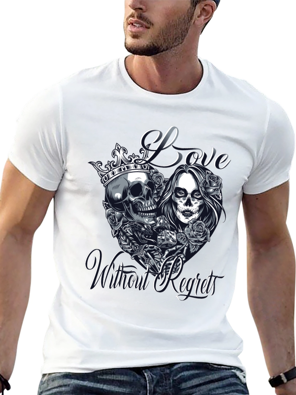 Love Without Regrets Skull & Roses Graphic T-Shirt