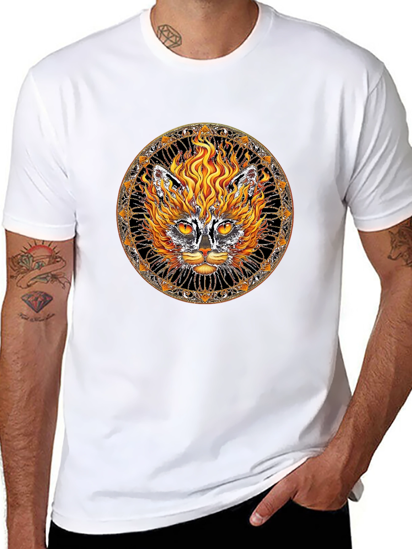 Fiery Cat Graphic Tee - Unique Design