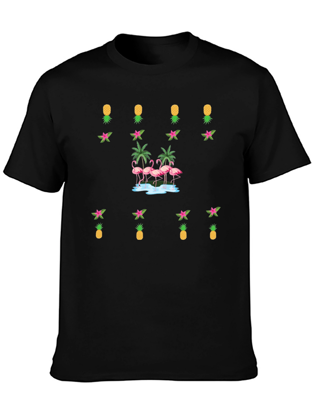 Tropical Flamingo & Pineapple Black T-Shirt