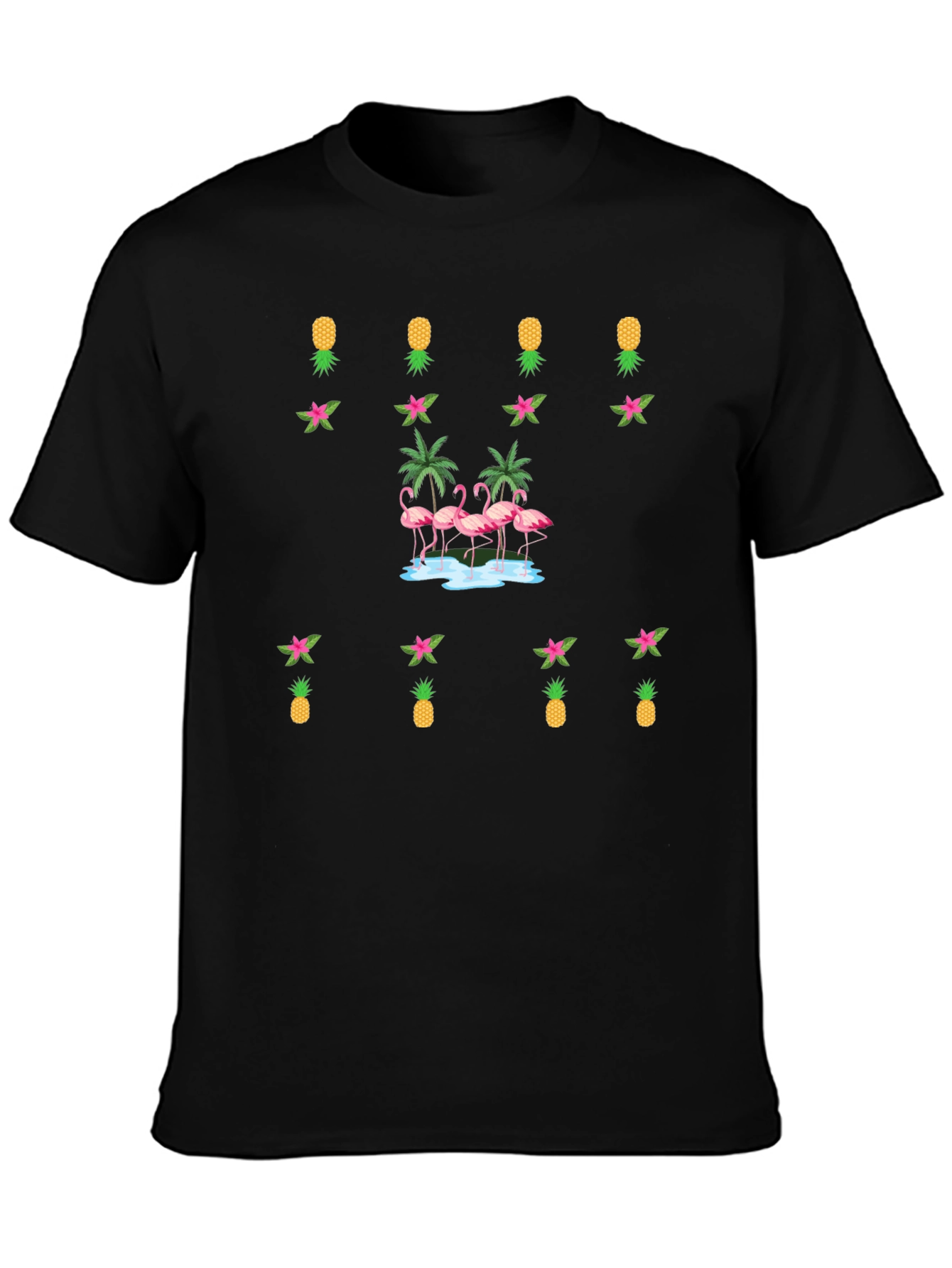 Tropical Flamingo & Pineapple Black T-Shirt
