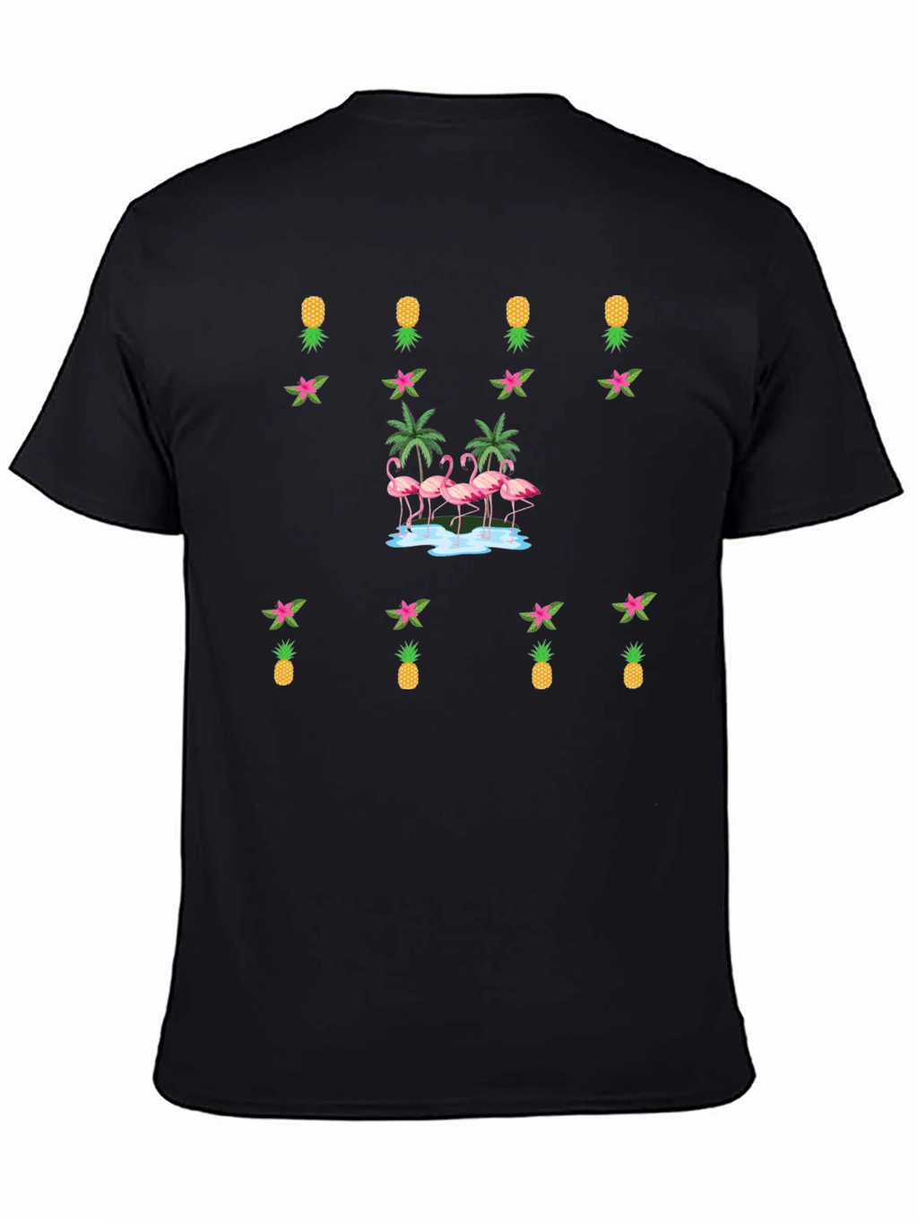 Tropical Flamingo & Pineapple Black T-Shirt