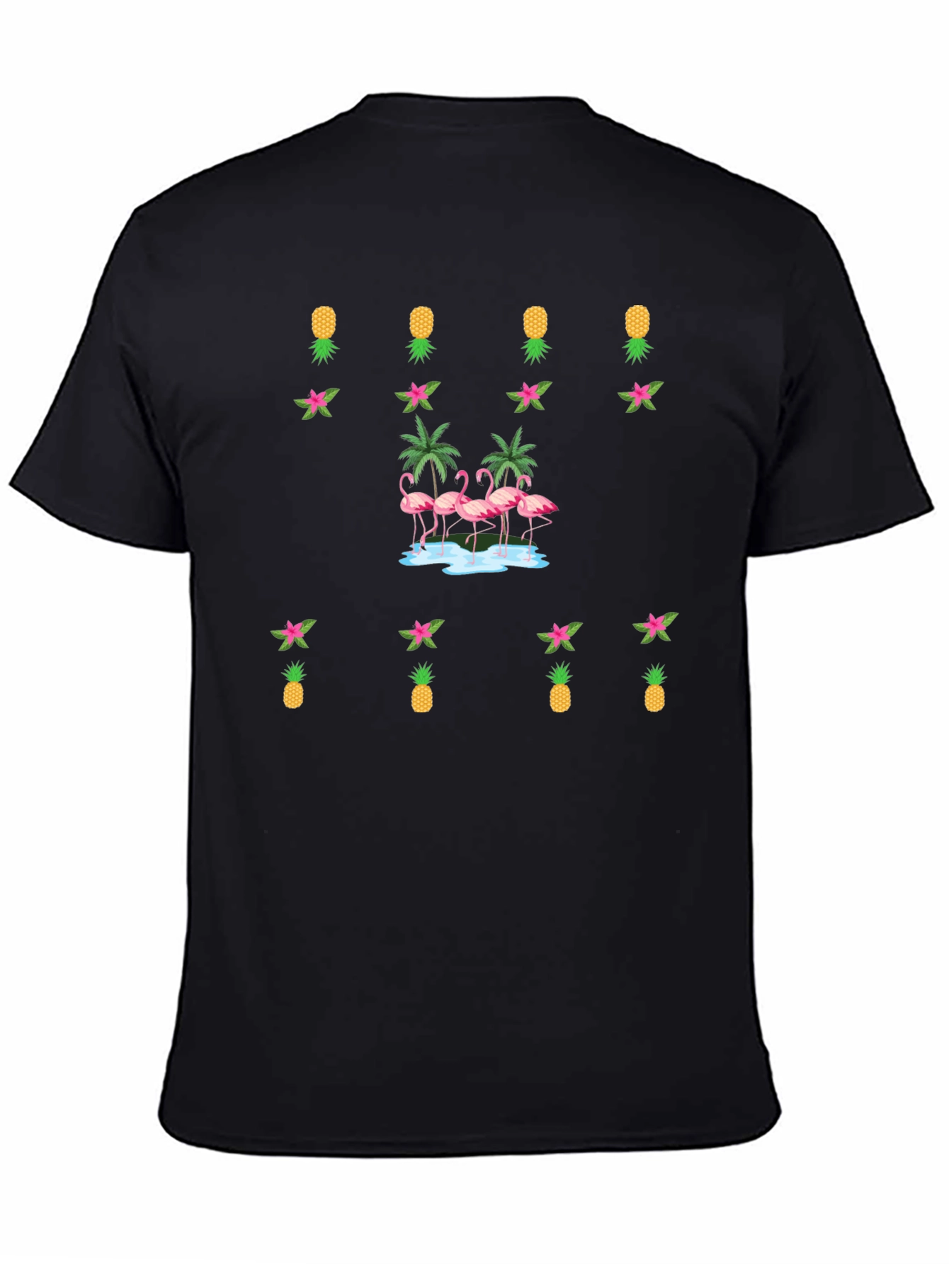 Tropical Flamingo & Pineapple Black T-Shirt