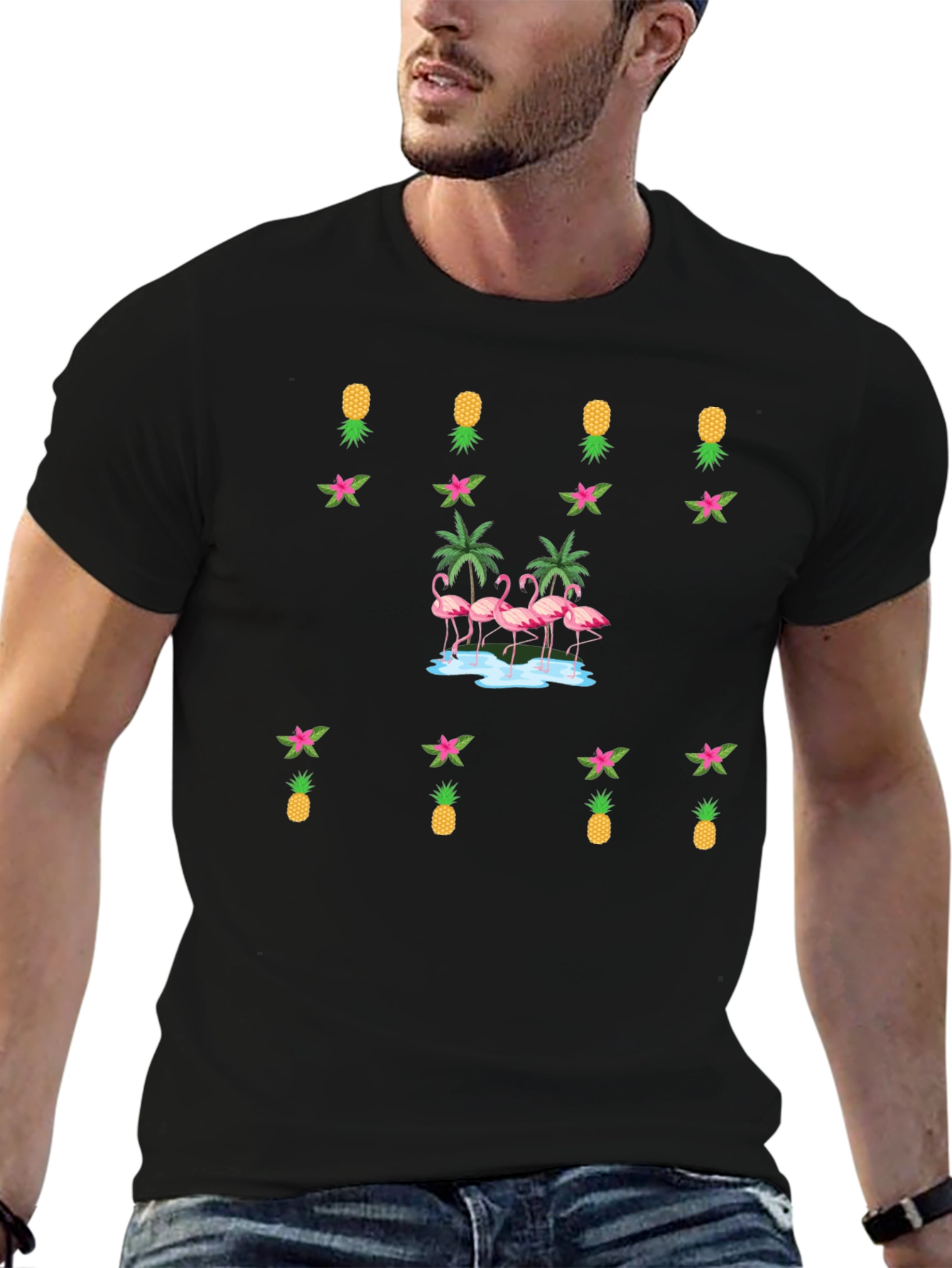 Tropical Flamingo & Pineapple Black T-Shirt